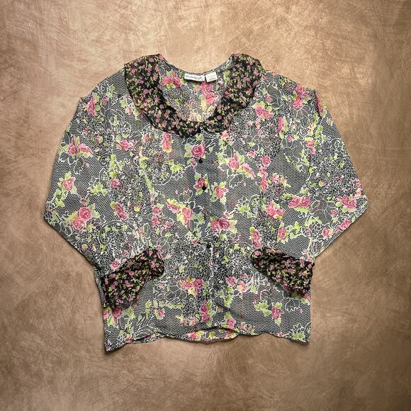 Claudia Richard Vintage 90s Sheer Floral Ruffled Blouse Mesh Geometric Fairycore - Picture 6 of 6